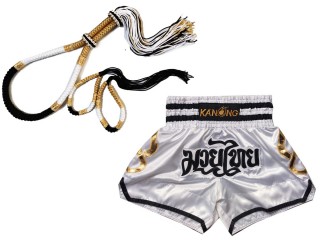 Conjunto Mongkol Prajead con pantalones cortos de Muay Thai: Conjunto-Mongkol-ThaiStyle-Blanco-Negro-Dorado-143-Blanco